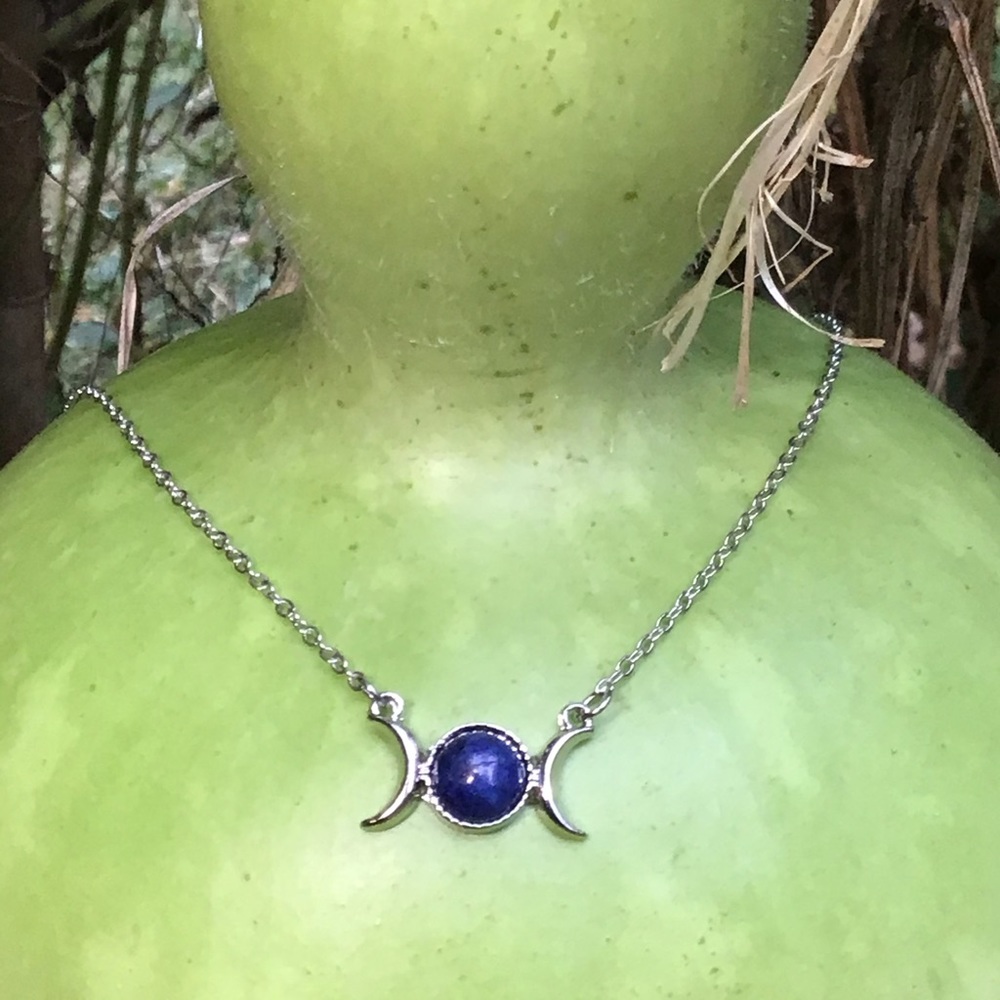Triple moon goddess necklace lapis lazuli